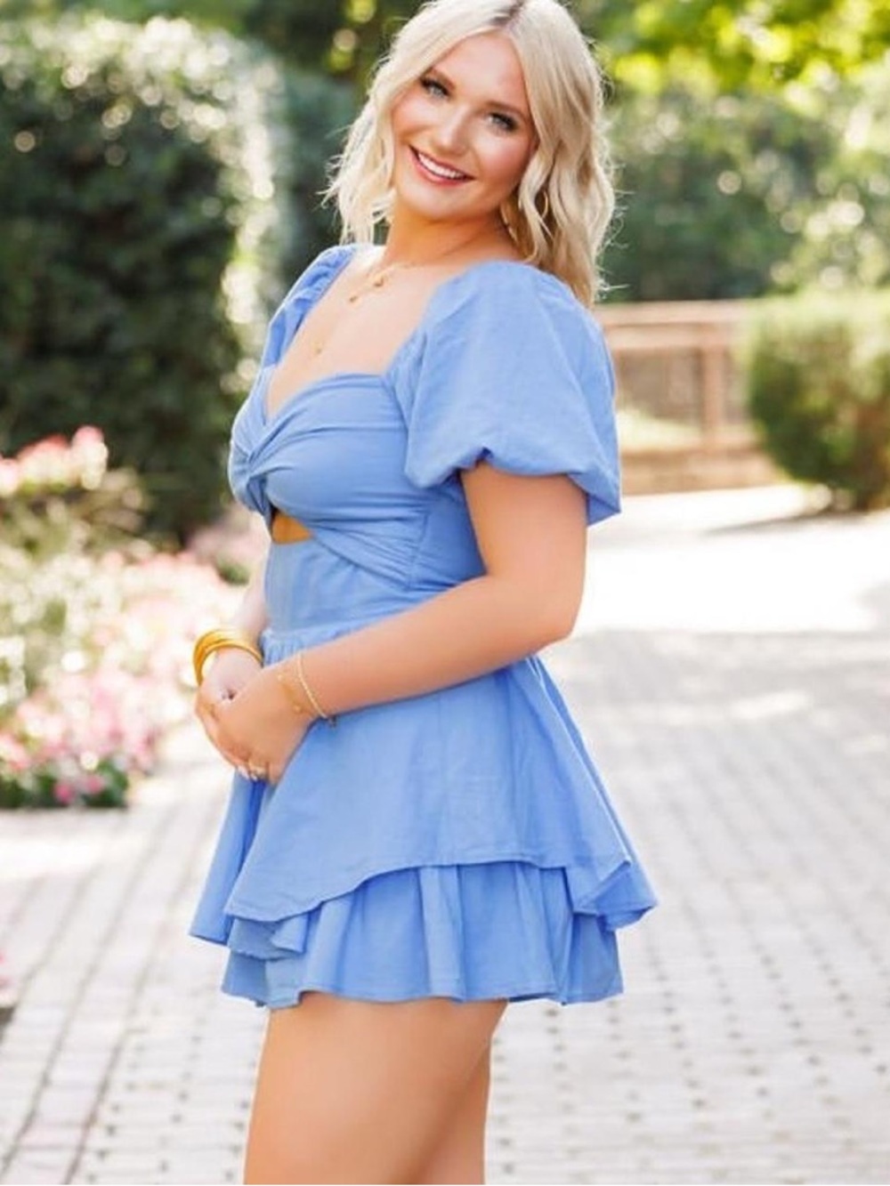 Altar’d State Claire Light Blue Puff Sleeve Tiered Romper Size XL  NWT